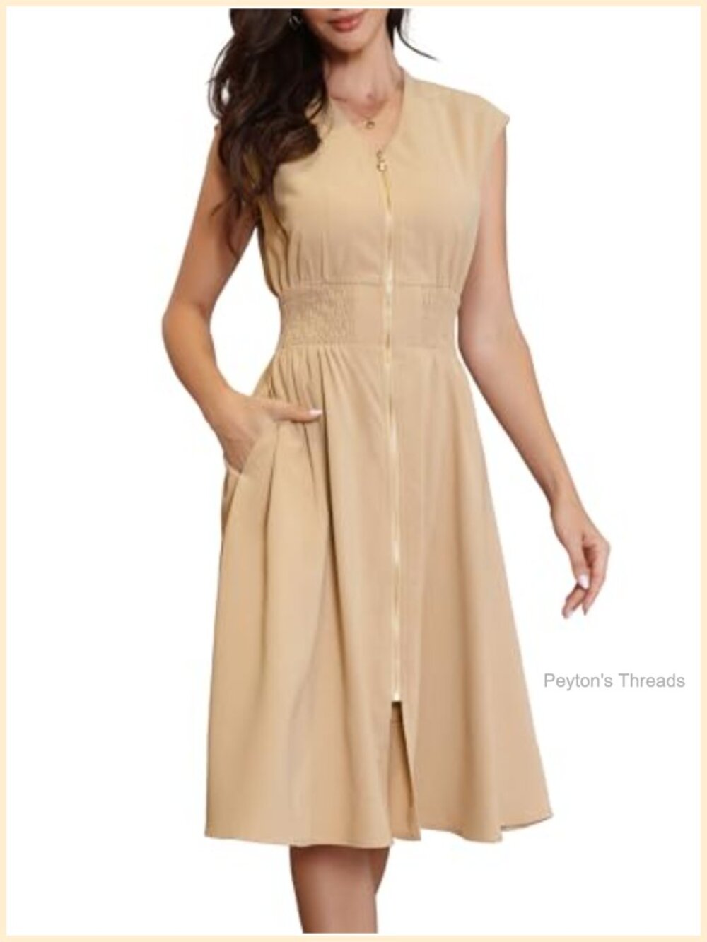 V Neck Smocked Waist Zipper Sleeveless A Line Midi Dress